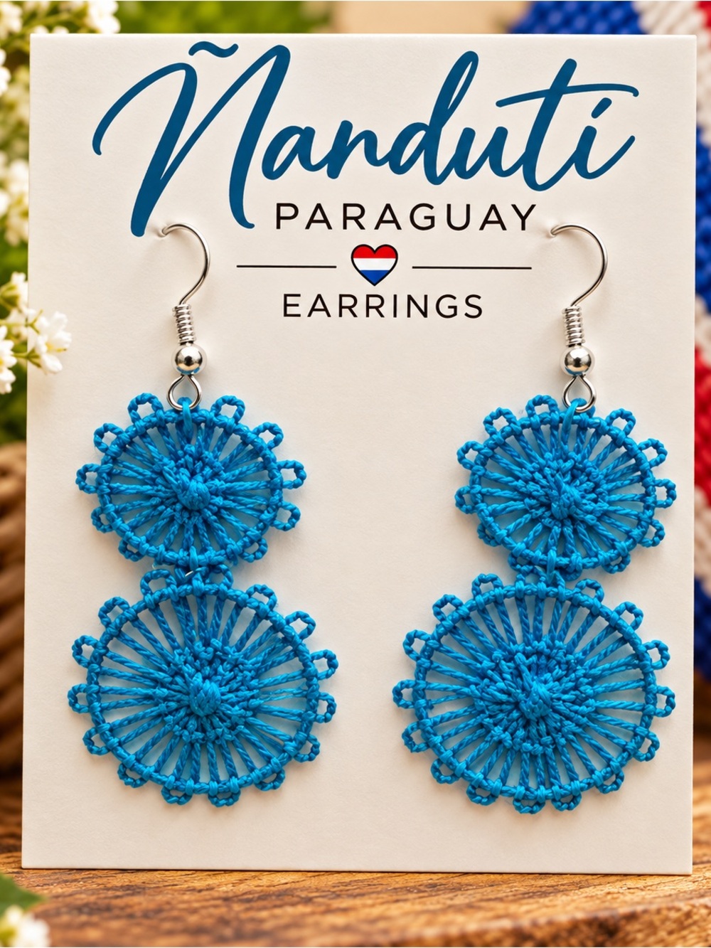 Nanduti Paraguay Turquoise Double Circle Crochet Earrings